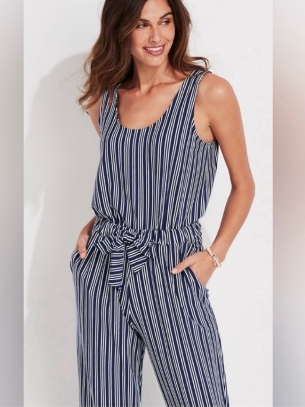 Vineyard Vines Navy and White Vertical Stripe Sleeveless Jumpsuit with Tie Waist
